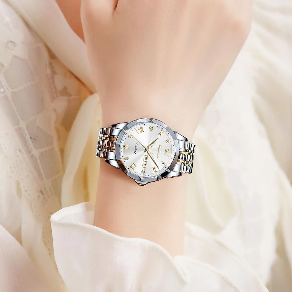Men Women Large Face Unisex Diamond Luxury sticky Venice click Dress Analog Quartz Stainless Steel Waterproof Luminous Date Business Casual Wrist Watch OLEVS Watch for 