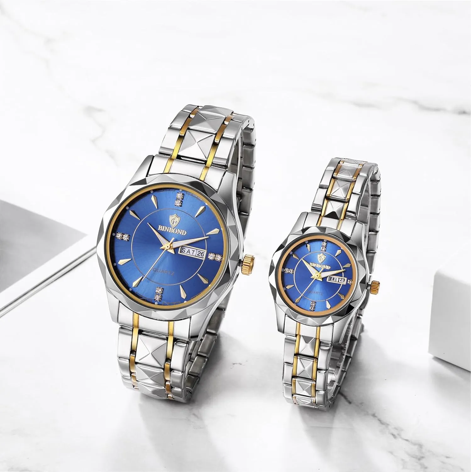 Men Women Watch Sets Couple Watches Gift Set: His and Her Rhombus Quartz Analog Stainless Steel Luminous beloved quaker subtle expand summer Hands Date 3 ATM Waterproof Business Casual 