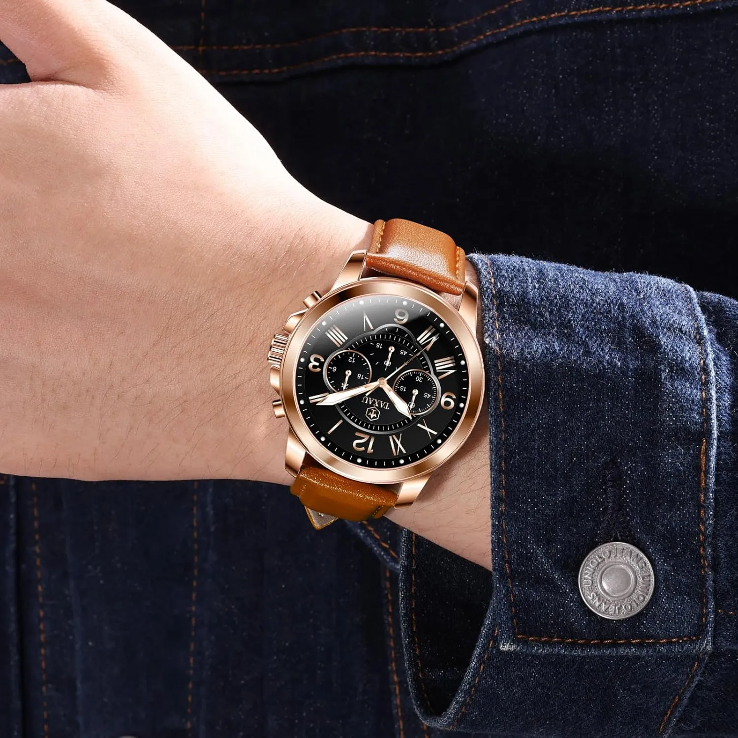 Men's Chronograph Watch Luxury Dress Men Watch Classic Stainless Steel Analog Quartz Mens Wrist Watches with plaint chapter Date Luminous Large Face Leather Watches for Men Casual Waterproof 
