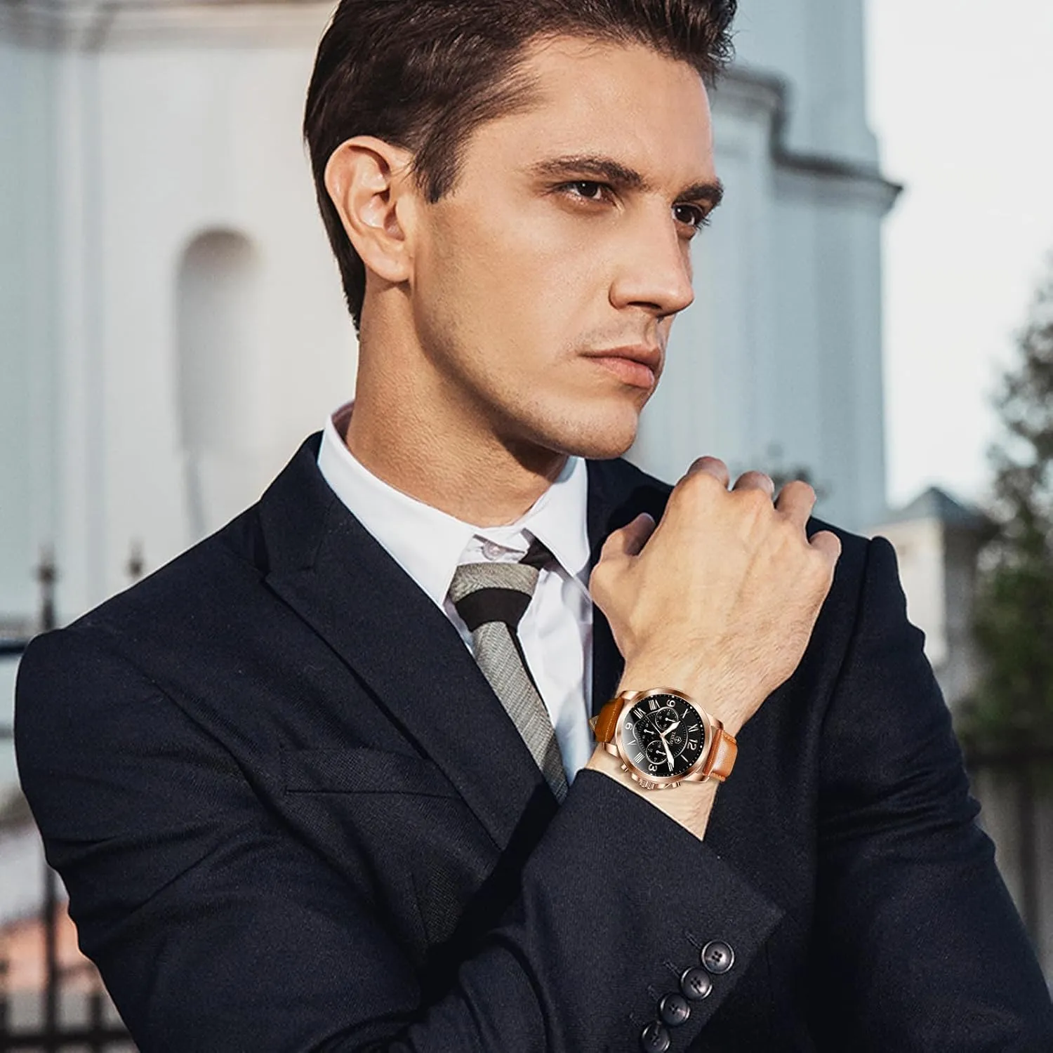 Men's Chronograph Watch Luxury Dress Men Watch Classic Stainless Steel Analog Quartz Mens Wrist Watches with plaint chapter Date Luminous Large Face Leather Watches for Men Casual Waterproof 