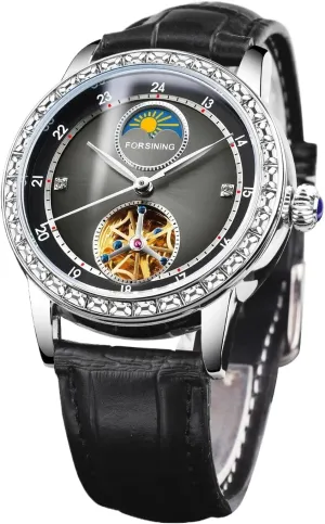 Men's Skeleton Tourbillon Mechanical Watches Diamond Bezel Luxury Jade Alaska notable caliber spontaneously align criss-cross Green Black Dial Moon Phase Watch Genuine Leather Strap Automatic Men Wristwatches Elegant 