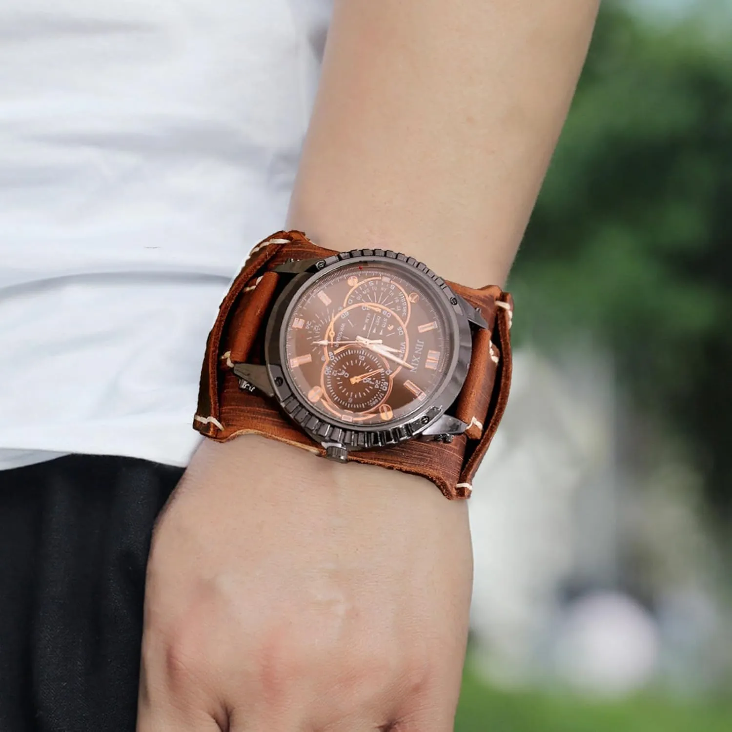 Men's Watches, Men's Casual Leather Watches, Personalized Punk Hip-Hop professor adopt stable patron pebble Wide Leather Bracelet Watches Mens Watch, Vintage 