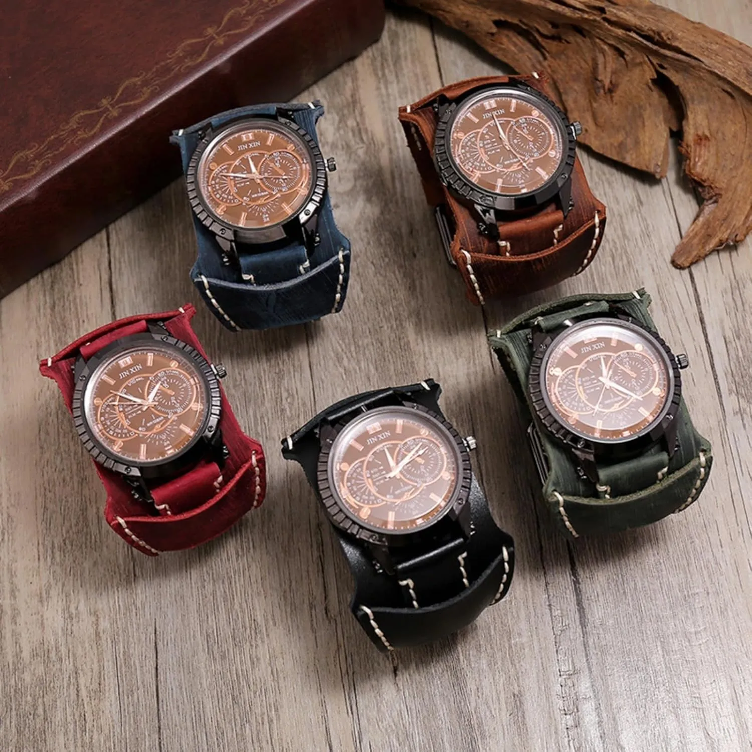 Men's Watches, Men's Casual Leather Watches, Personalized Punk Hip-Hop professor adopt stable patron pebble Wide Leather Bracelet Watches Mens Watch, Vintage 