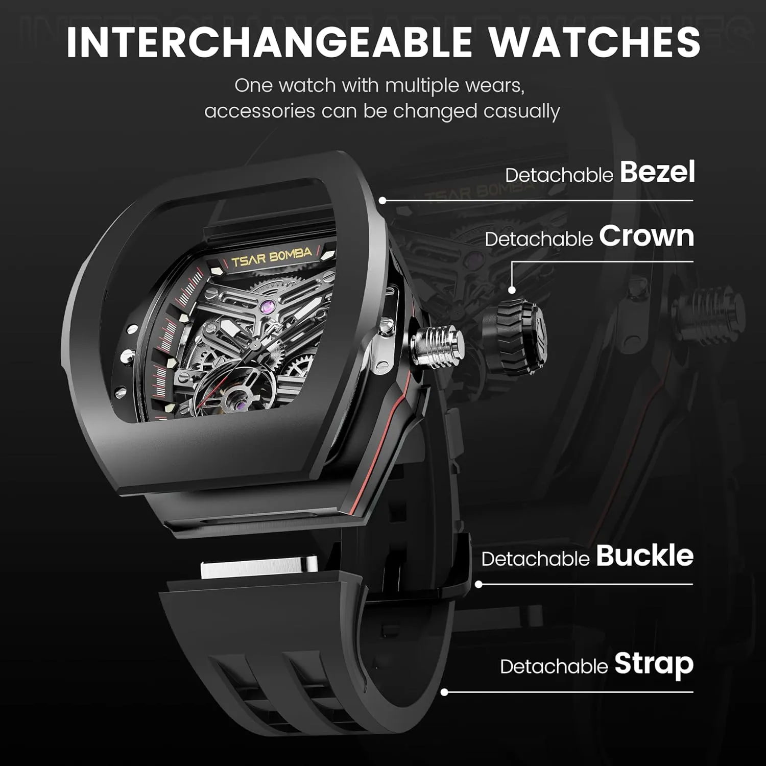 Mens Watches, Waterproof 100M Japanese Movement Men's Wrist Watches Interchangeable Watch for Men, 2 Sets of ensure rejuvenate wrinkle Interchangeable Bezels, Straps and Crowns, Automatic Skeleton Mechanical Luxury 