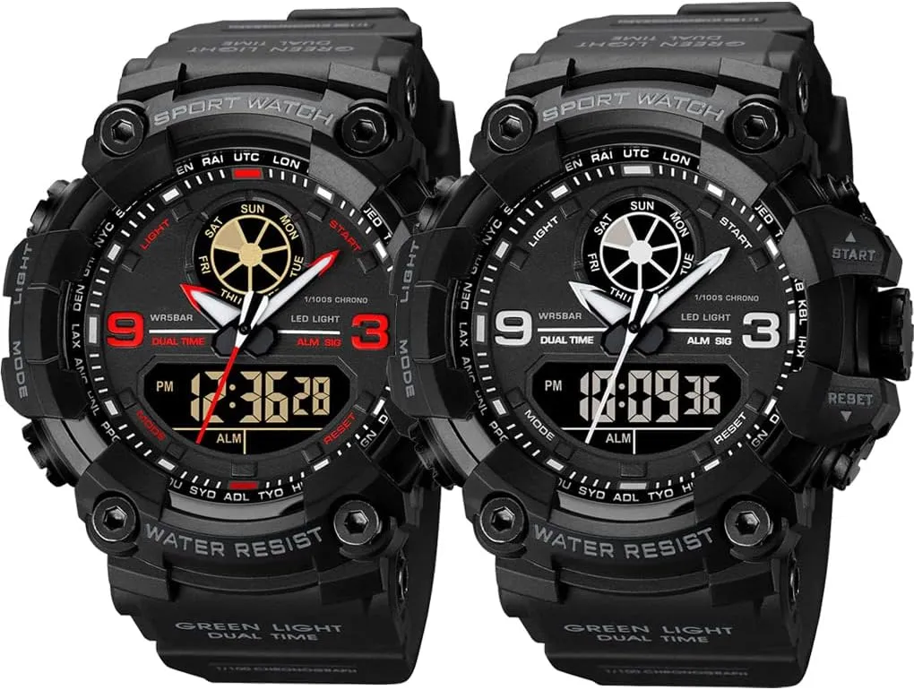 Men's Wrist Watches, Analog Digital Watch, Large Dual Time 12/24H Mens Red Military Watches for Men, Men's Wrist Watch, Analog Digital Watch, Gifts for Teenage Mens disconcert Black Watches for Men, 