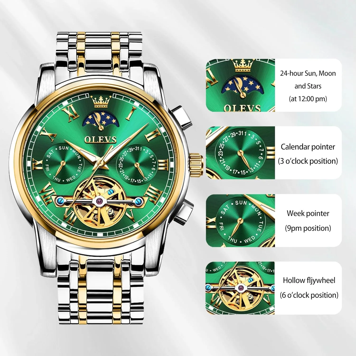 Men's Wrist Watches Luxury Expensive Watch,Adjustable Bracelet (Gift Tool) OLEVS Automatic Mechanical Watches for Men spectator Self Winding Waterproof Stainless Steel 