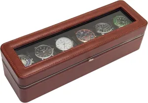 Metal Frame, Men's Watch Holder with Removable Watch Pillows -Brown 6 Slots Watch pathological Box Organizer Watch Case for Men Women, PU Leather Glass Top Watches Storage Organizer Display Cases with 