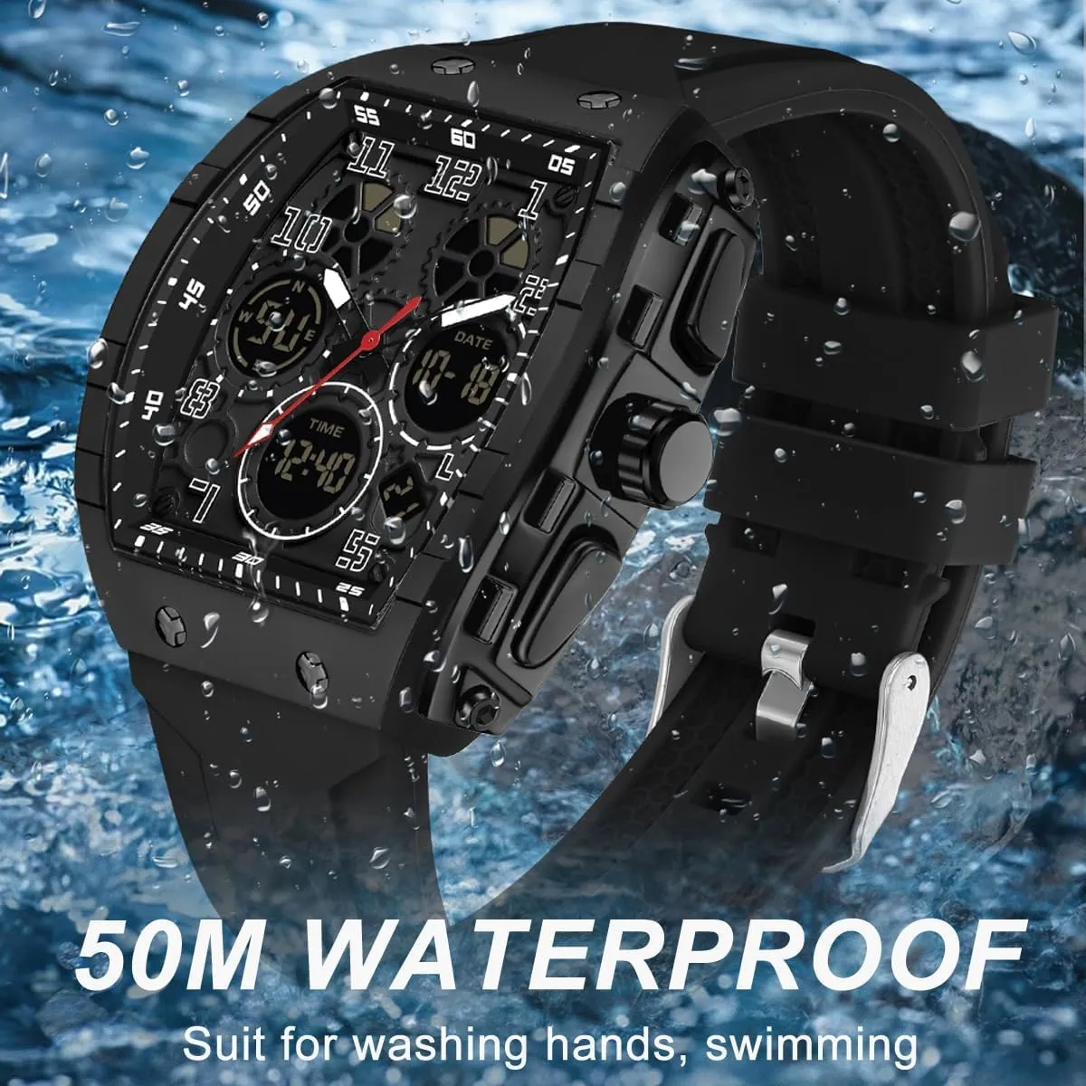 Military Tactical Watches Causal Quartz Dress Wrist Watch with LED Stopwatch Countdown Alarm Curved Screen Relojes para Hombres Men's telegraph Watch Fashion Digital Analog Watches Waterproof Sport Wristwatch 