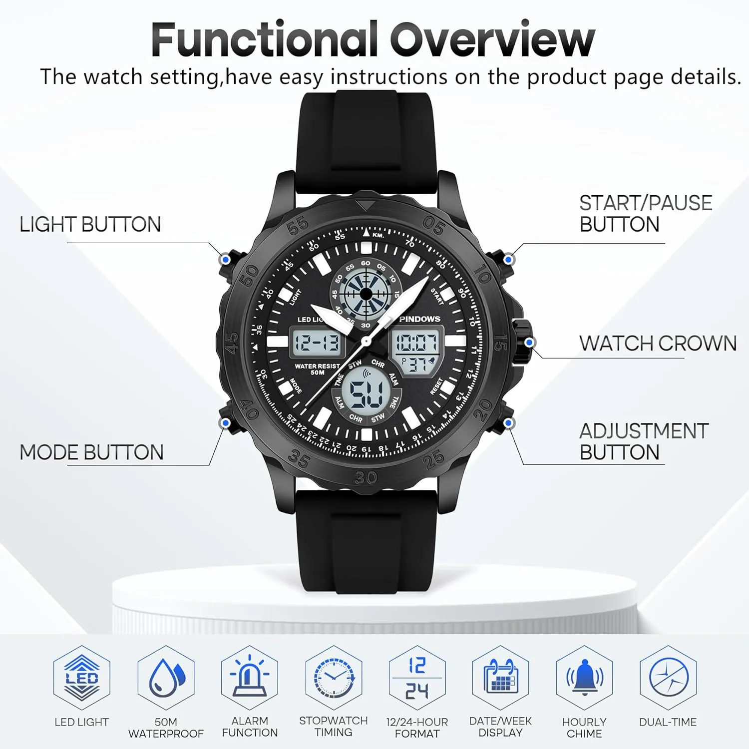 Military Waterproof Watches Analog Digital Watches Stainless Steel Watches with Alarm Stopwatch LED Light Hourly Chime sophisticated Multi-Function Wristwatch Watch for Men Watches Sport 
