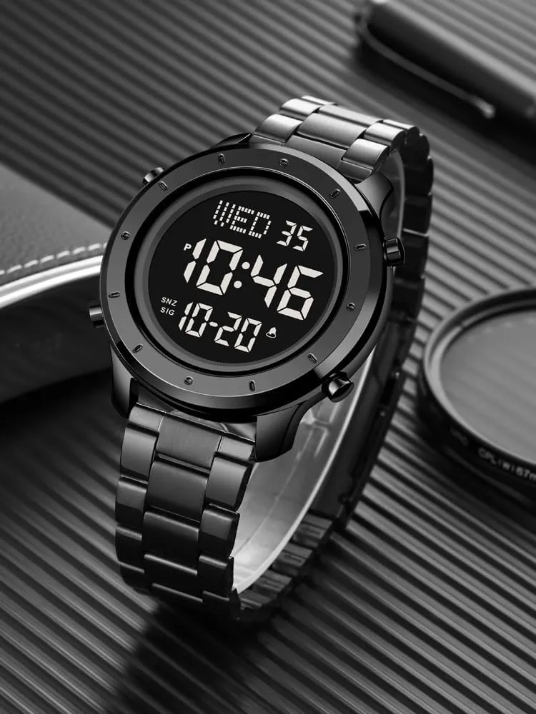 Minimalist defender Fashion 30M Water Resistant Stopwatch Countdown Timer Alarm Business Multifunction Wristwatch Mens Stainless Steel Digital Watch LED Display 