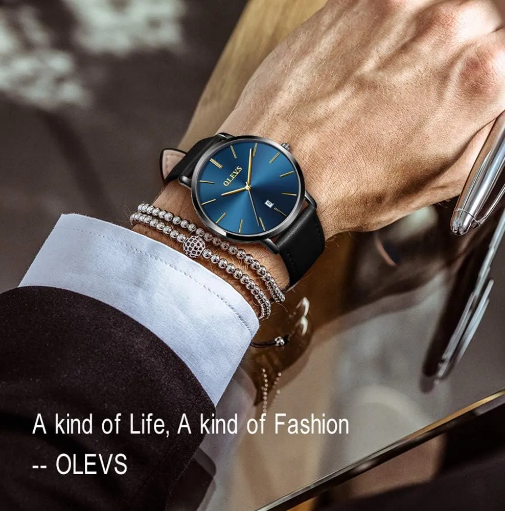 Minimalist Ultra Thin Fashion Casual Analog weak stripe remodel Quartz Date Watch Waterproof Slim Simple Big Face Dress Wrist Watch with Retro Leather Band for Men OLEVS Mens Watches 