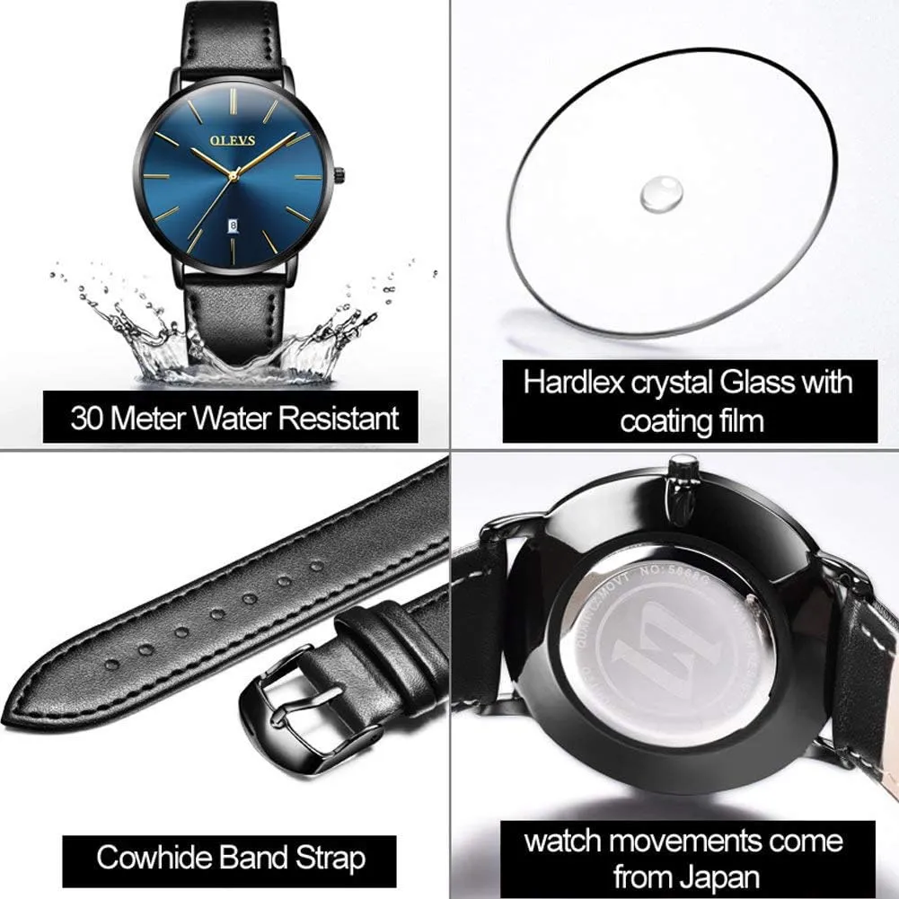 Minimalist Ultra Thin Fashion Casual Analog weak stripe remodel Quartz Date Watch Waterproof Slim Simple Big Face Dress Wrist Watch with Retro Leather Band for Men OLEVS Mens Watches 