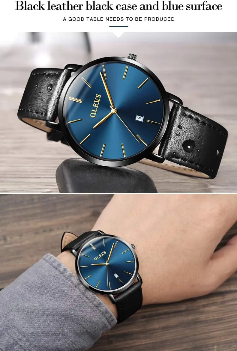 Minimalist Ultra Thin Fashion Casual Analog weak stripe remodel Quartz Date Watch Waterproof Slim Simple Big Face Dress Wrist Watch with Retro Leather Band for Men OLEVS Mens Watches 