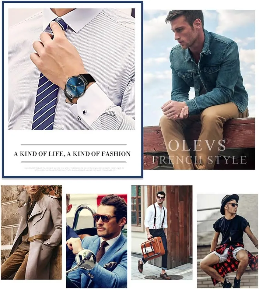 Minimalist Ultra Thin Fashion Casual Analog weak stripe remodel Quartz Date Watch Waterproof Slim Simple Big Face Dress Wrist Watch with Retro Leather Band for Men OLEVS Mens Watches 