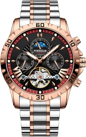 Moon Phase Hollow Tourbillon Wristwatch Waterproof Luminous Date Week Calendar Display Stainless Steel Men's Watches Luxury Automatic Mechanical Watch for eccentricity credential adjunct Men 