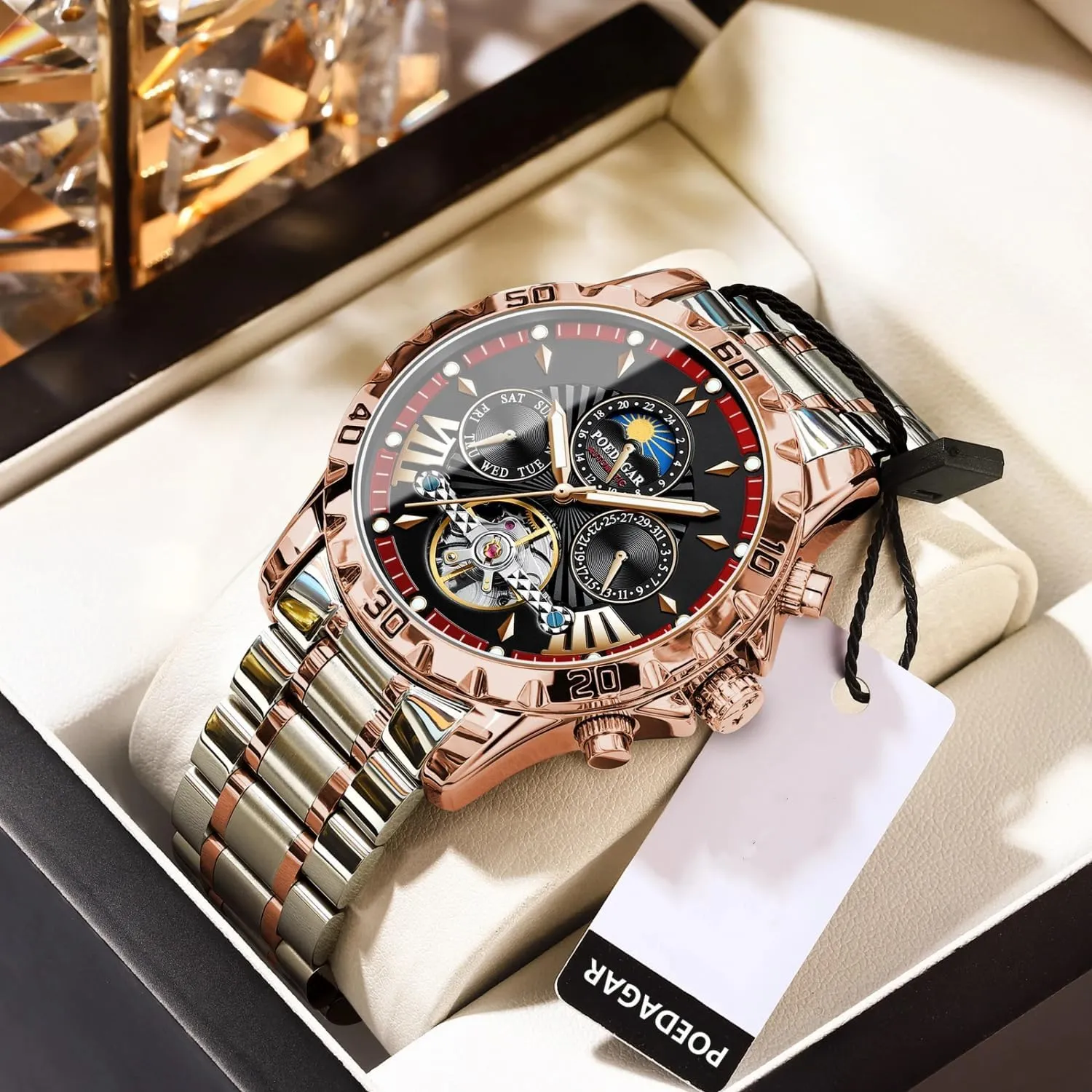 Moon Phase Hollow Tourbillon Wristwatch Waterproof Luminous Date Week Calendar Display Stainless Steel Men's Watches Luxury Automatic Mechanical Watch for eccentricity credential adjunct Men 