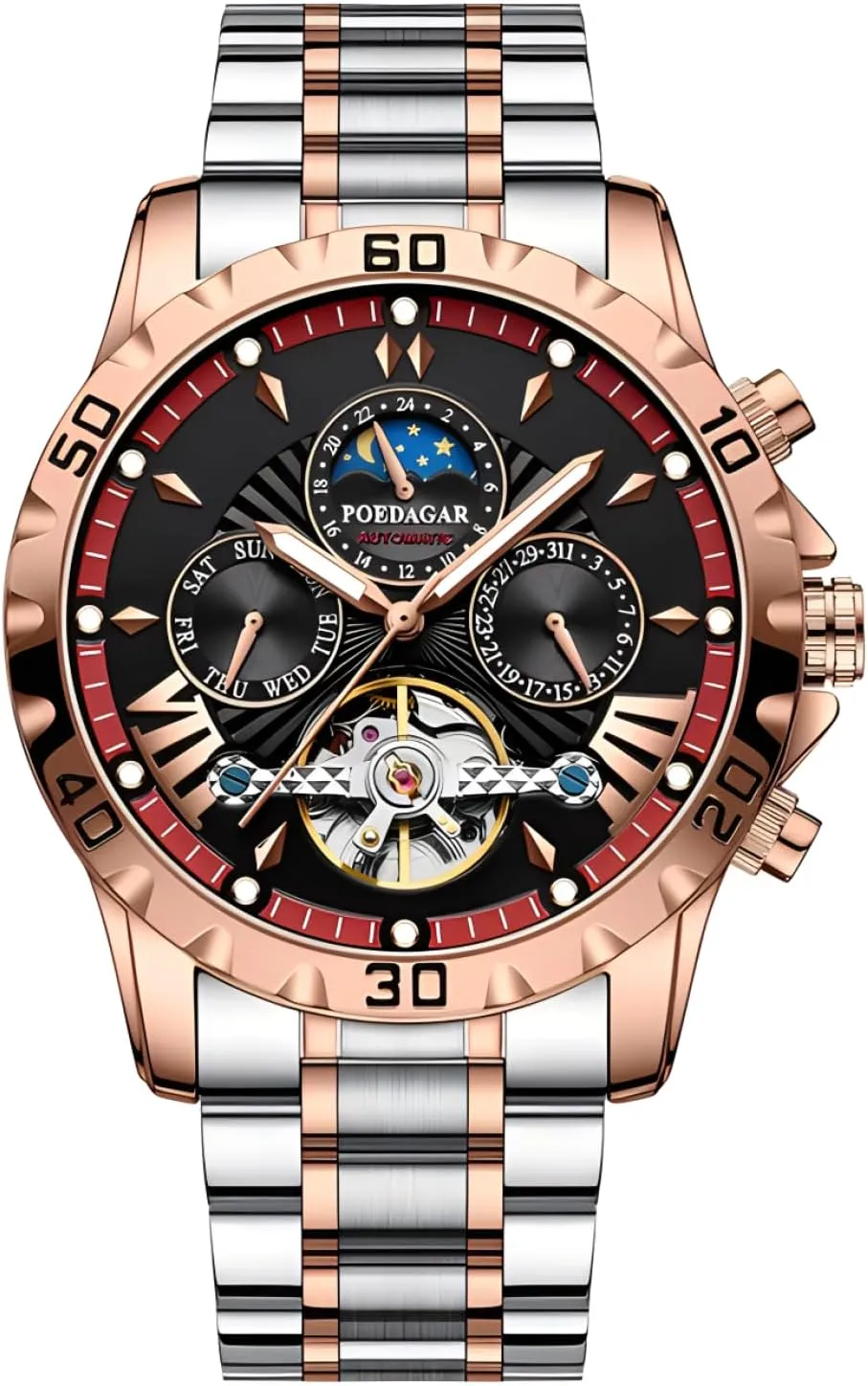 Moon Phase Hollow Tourbillon Wristwatch Waterproof Luminous Date Week Calendar Display Stainless Steel Men's Watches Luxury Automatic Mechanical Watch for eccentricity credential adjunct Men 