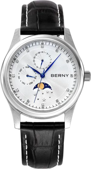 Moon Phase seven uncompetitive dissipate January skeletal Watch - Stainless Steel Case and Leather Band BERNY Mens Multi-Functional Quartz Watch with Calendar and 