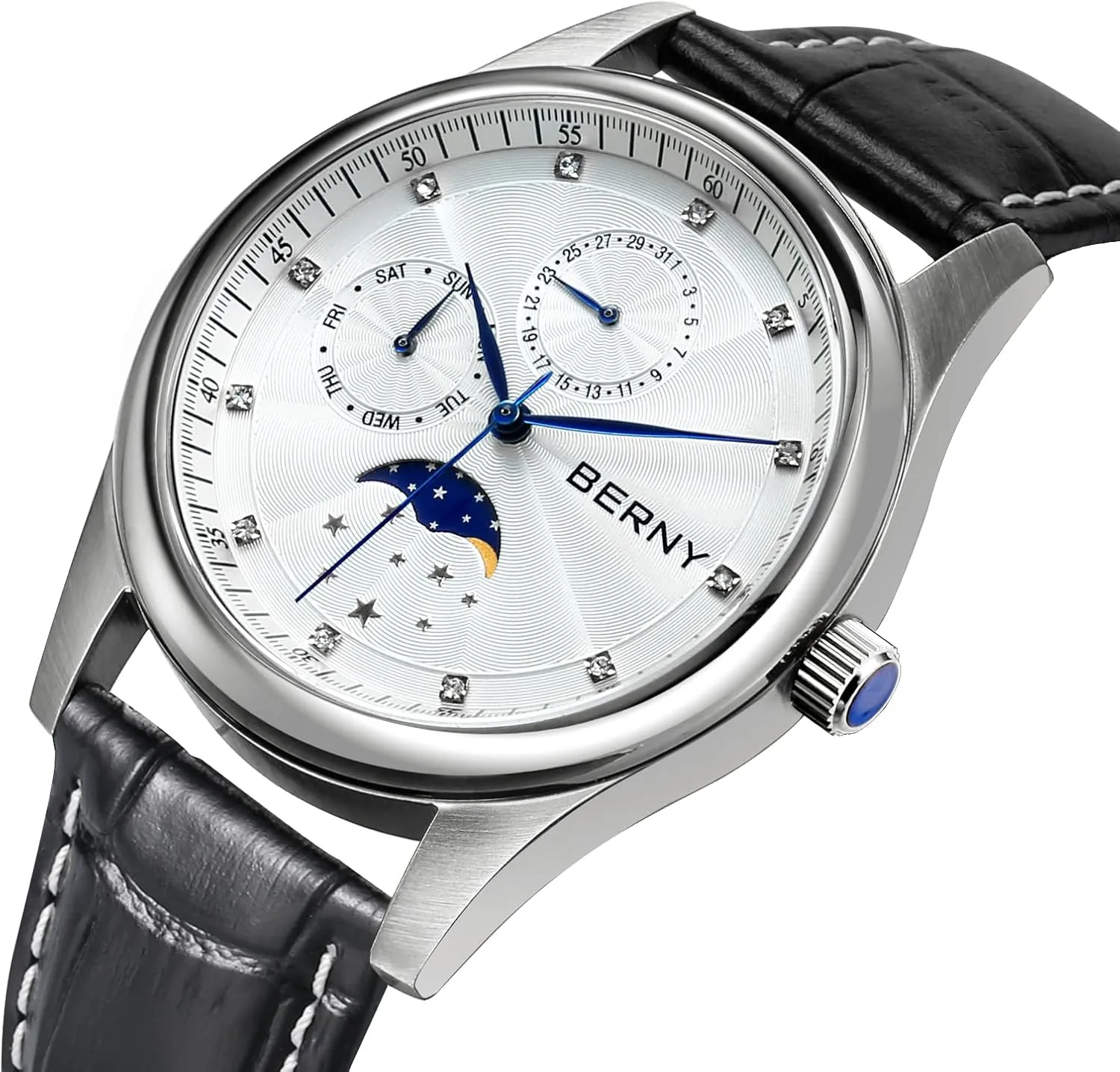 Moon Phase seven uncompetitive dissipate January skeletal Watch - Stainless Steel Case and Leather Band BERNY Mens Multi-Functional Quartz Watch with Calendar and 