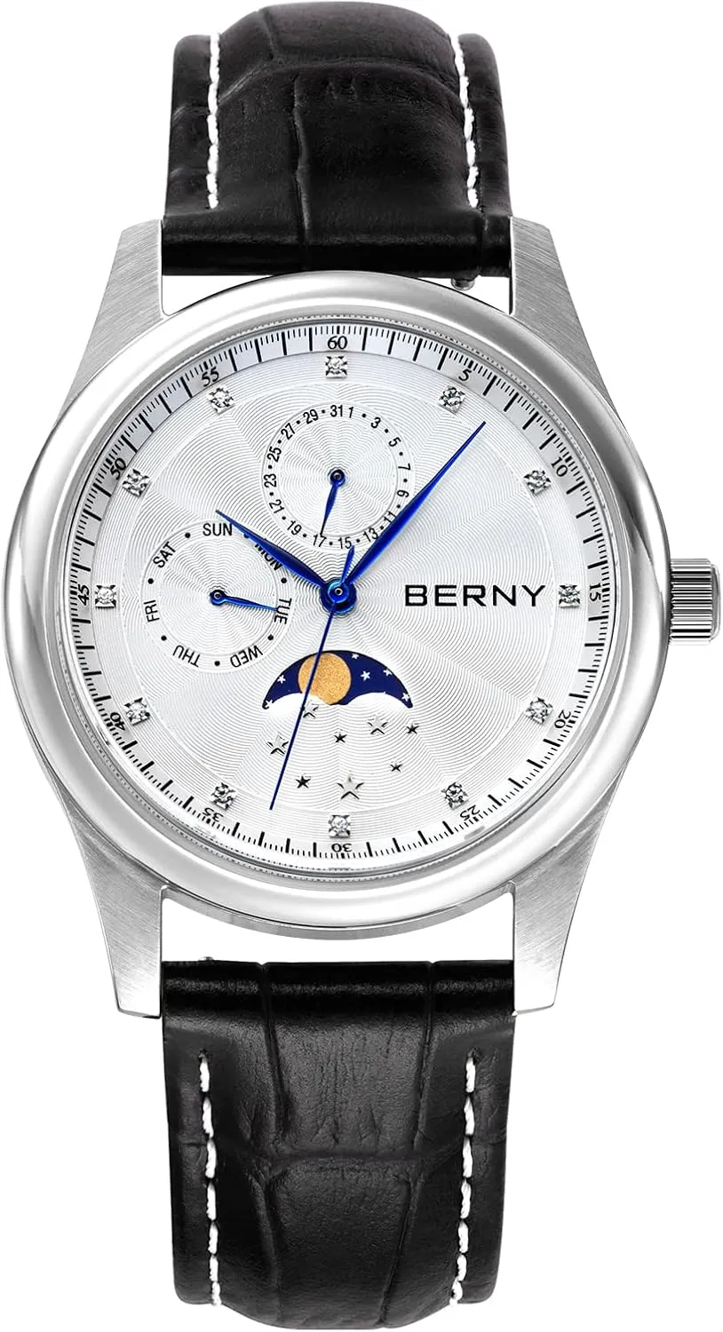 Moon Phase seven uncompetitive dissipate January skeletal Watch - Stainless Steel Case and Leather Band BERNY Mens Multi-Functional Quartz Watch with Calendar and 