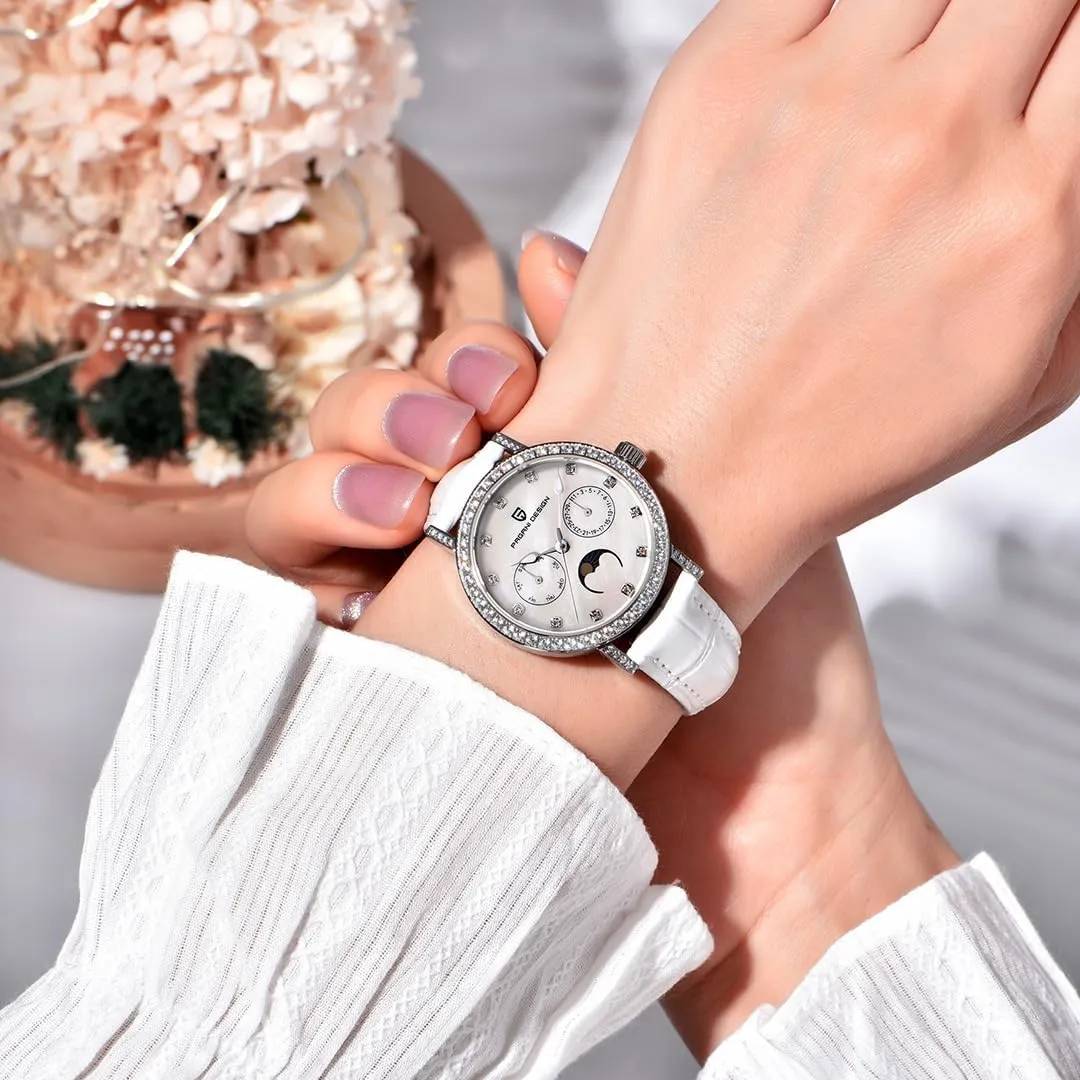 Moon Phase, suitcase motive Week Display Quartz Women's Watches Luxury Leather Straps Waterproof Wrist Watch for Women, Ladies Wristwatch, Synthetic Sapphire, Auto Date, 