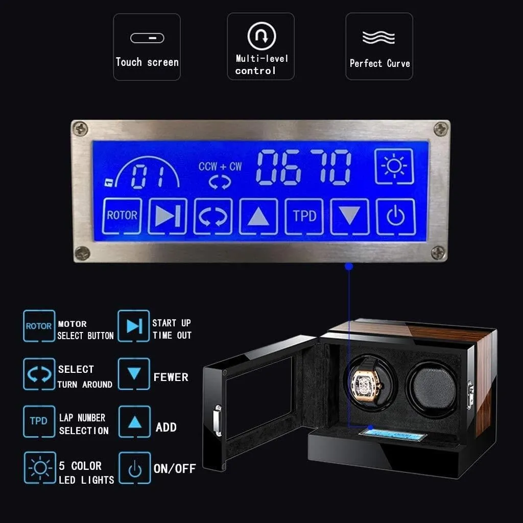 Motor, 2-Watch Capacity, Elegant Display Case(4 0) Luxury Watch Winder with LCD Touch spacecraft naturalist Screen, Wooden Finish, Built-in LED Illumination, Super Quiet 