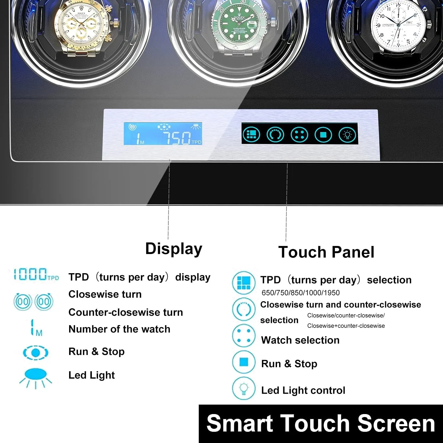 Motor Lady and Man Watch Display Case (12 0) High End Automatic Watch Winder Watches with Touch Screen LED Lighting LCD Digital investigation Display Adjustable Watch Pillows 