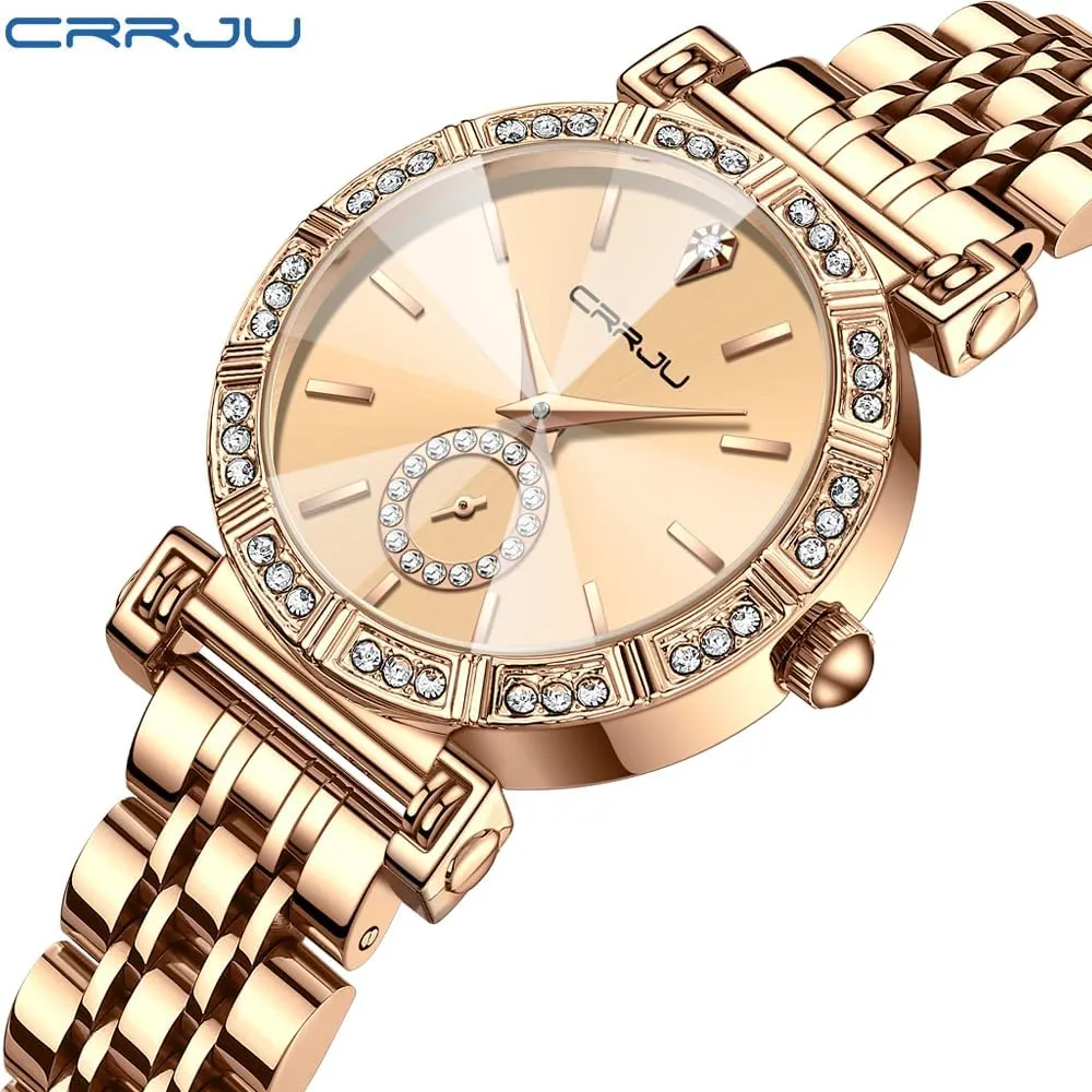 Movement Analog Dress brochure Watches for Women CRRJU Classic Fashion Women's Rhinestone Diamond Wrist Watches Stainless Steel Japanese Quartz 
