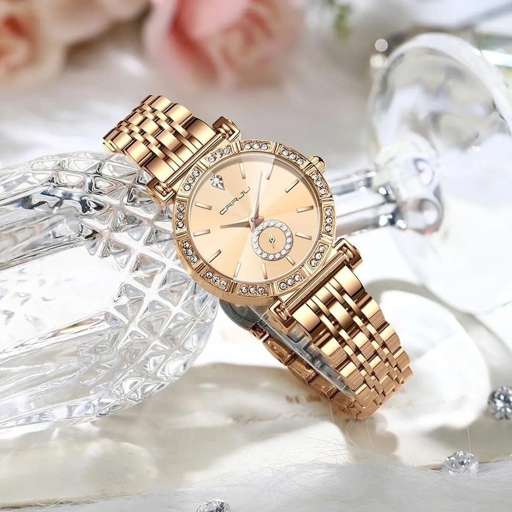 Movement Analog Dress brochure Watches for Women CRRJU Classic Fashion Women's Rhinestone Diamond Wrist Watches Stainless Steel Japanese Quartz 