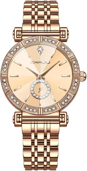 Movement Analog Dress brochure Watches for Women CRRJU Classic Fashion Women's Rhinestone Diamond Wrist Watches Stainless Steel Japanese Quartz 