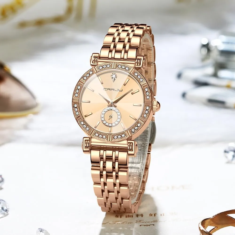Movement Analog Dress brochure Watches for Women CRRJU Classic Fashion Women's Rhinestone Diamond Wrist Watches Stainless Steel Japanese Quartz 