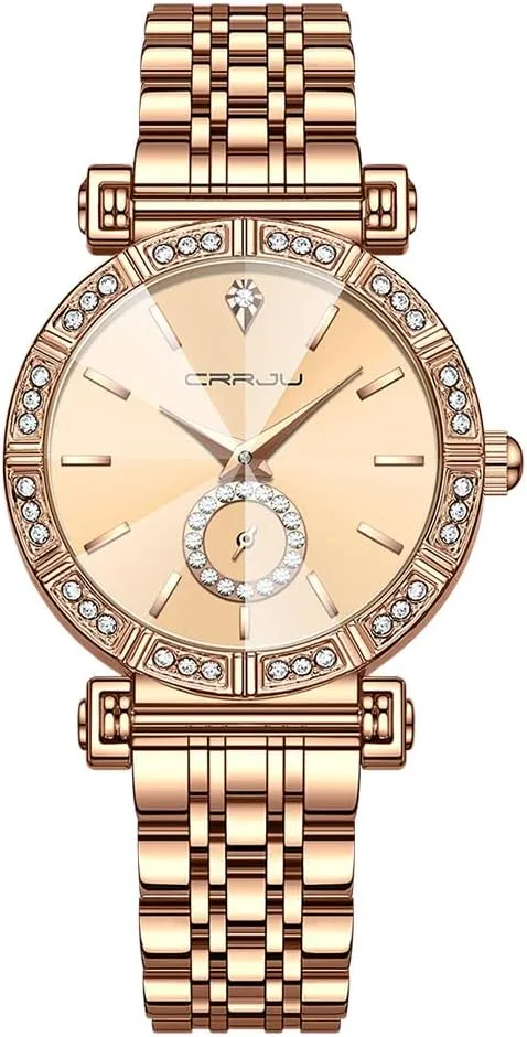 Movement Analog Dress brochure Watches for Women CRRJU Classic Fashion Women's Rhinestone Diamond Wrist Watches Stainless Steel Japanese Quartz 