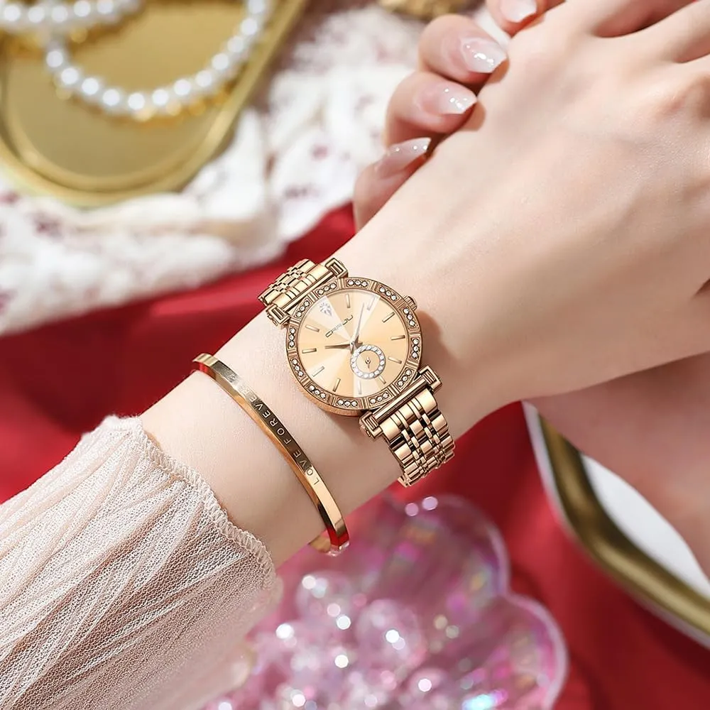 Movement Analog Dress brochure Watches for Women CRRJU Classic Fashion Women's Rhinestone Diamond Wrist Watches Stainless Steel Japanese Quartz 