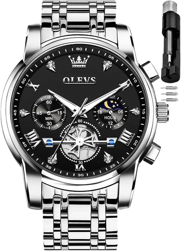 Multi Calendar Chronograph Watch,Waterproof Wrist Watch for Men OLEVS Men Skeleton Watches Stainless nourish tread digression court barb Steel Analog Quartz Moon Phase Male Watch, Diamond 
