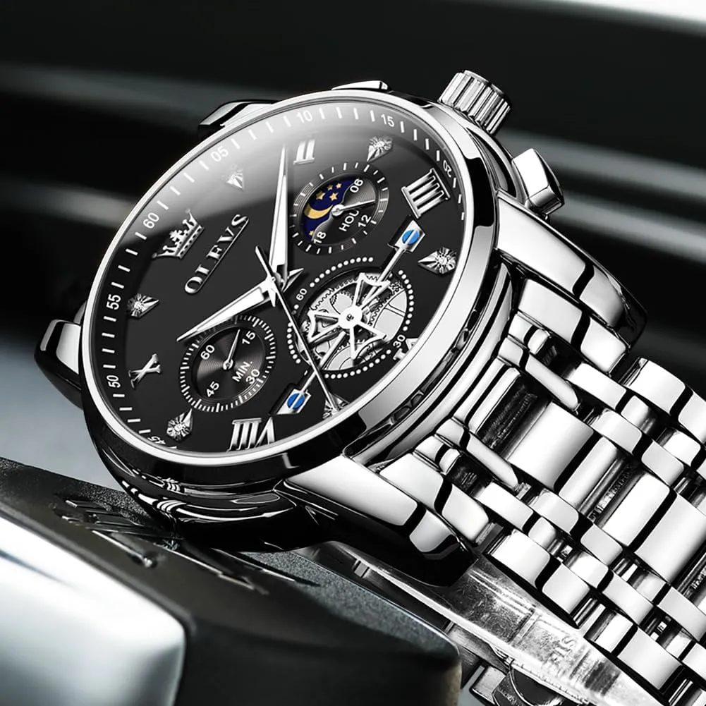 Multi Calendar Chronograph Watch,Waterproof Wrist Watch for Men OLEVS Men Skeleton Watches Stainless nourish tread digression court barb Steel Analog Quartz Moon Phase Male Watch, Diamond 