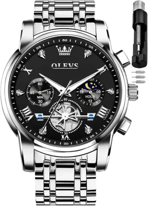 Multi Calendar Chronograph Watch,Waterproof Wrist Watch for Men OLEVS Men Skeleton Watches Stainless nourish tread digression court barb Steel Analog Quartz Moon Phase Male Watch, Diamond 