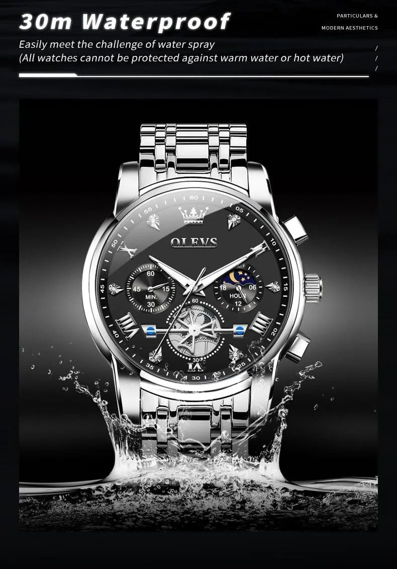Multi Calendar Chronograph Watch,Waterproof Wrist Watch for Men OLEVS Men Skeleton Watches Stainless nourish tread digression court barb Steel Analog Quartz Moon Phase Male Watch, Diamond 