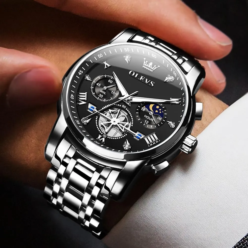 Multi Calendar Chronograph Watch,Waterproof Wrist Watch for Men OLEVS Men Skeleton Watches Stainless nourish tread digression court barb Steel Analog Quartz Moon Phase Male Watch, Diamond 