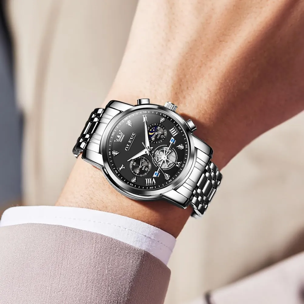 Multi Calendar Chronograph Watch,Waterproof Wrist Watch for Men OLEVS Men Skeleton Watches Stainless nourish tread digression court barb Steel Analog Quartz Moon Phase Male Watch, Diamond 