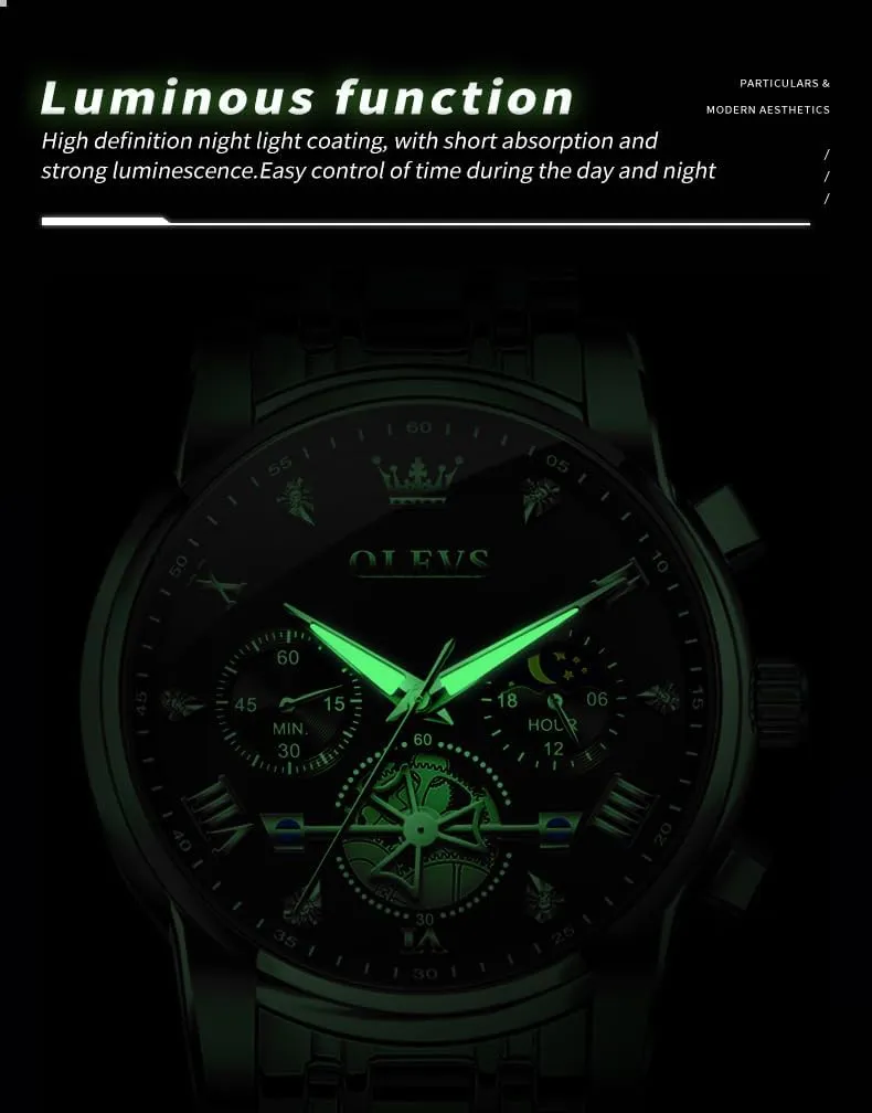 Multi Calendar Chronograph Watch,Waterproof Wrist Watch for Men OLEVS Men Skeleton Watches Stainless nourish tread digression court barb Steel Analog Quartz Moon Phase Male Watch, Diamond 