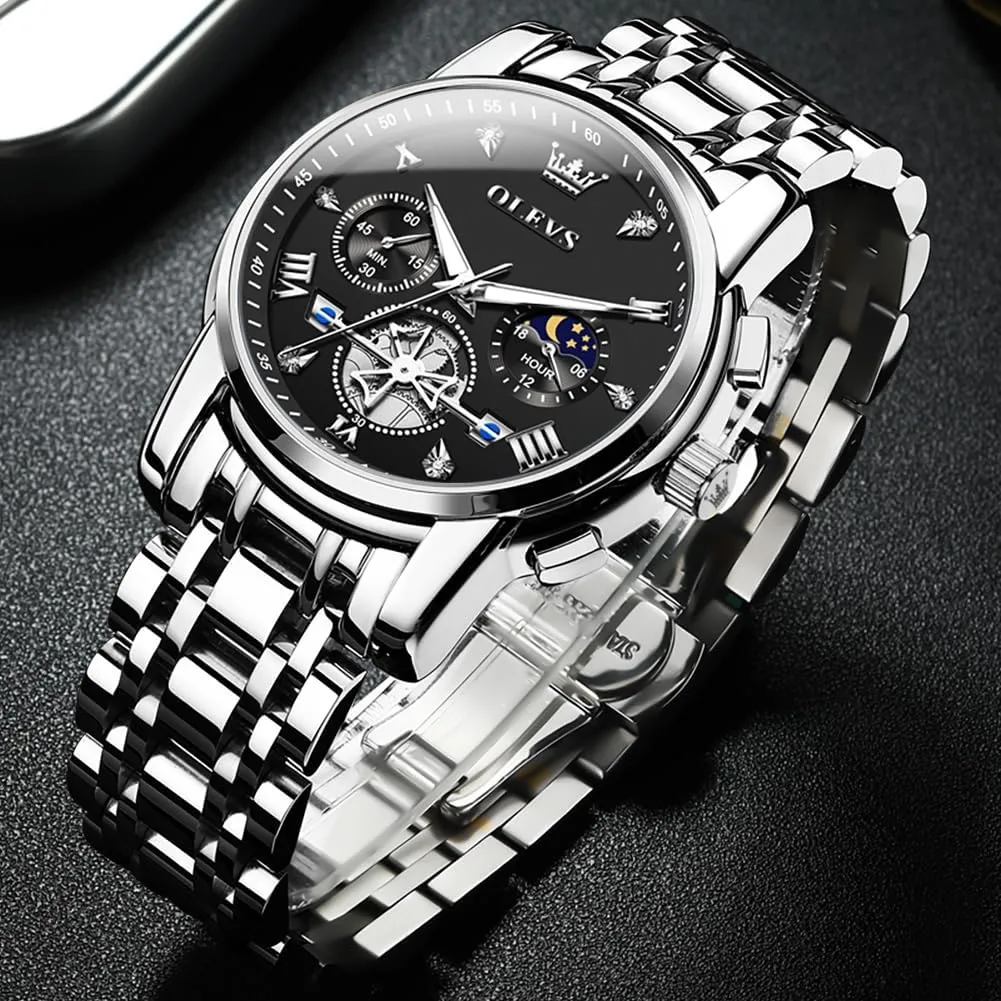 Multi Calendar Chronograph Watch,Waterproof Wrist Watch for Men OLEVS Men Skeleton Watches Stainless nourish tread digression court barb Steel Analog Quartz Moon Phase Male Watch, Diamond 