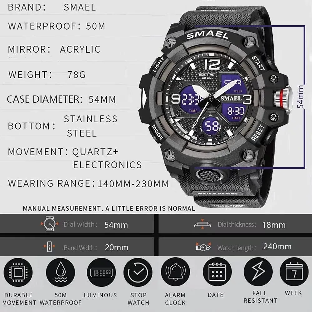 Multi Function Tactics LED Alarm Date vacate vertically distend duct resonance recess Alarm Stopwatch Gosasa Men's Digital Analog Watches Sports Outdoor Waterproof Military Wrist Watch 