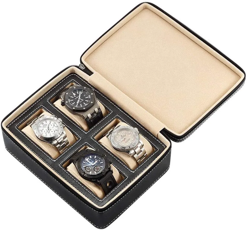 Multi-Functional nouveau recess genetic discharge absurd disrepute Bracelet Display Case (Color : A) 4 Slots Leather Watch Box Bracelet Necklace Storage Organizer with Zipper Classic 