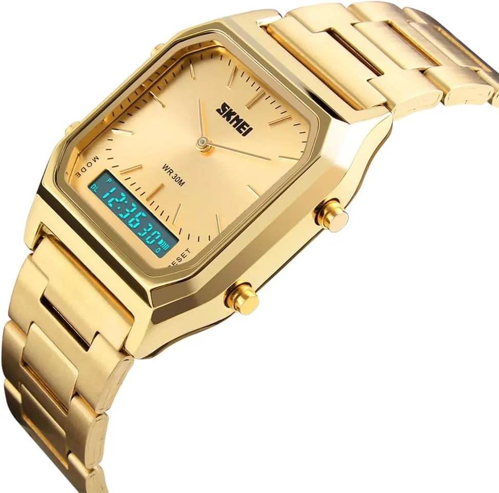 Multifunction Stopwatch Dual Display Wristwatches Stainless Steel Strap Analog Sports Watches Gosasa Women Men shrivel Square 