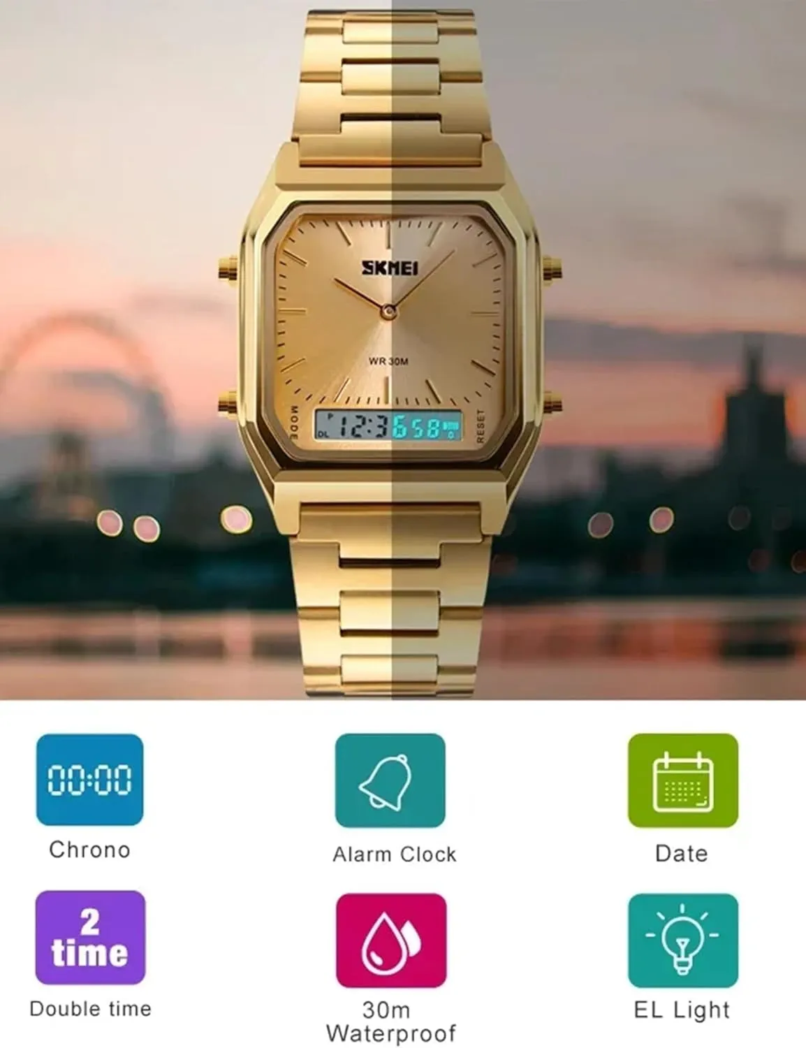Multifunction Stopwatch Dual Display Wristwatches Stainless Steel Strap Analog Sports Watches Gosasa Women Men shrivel Square 