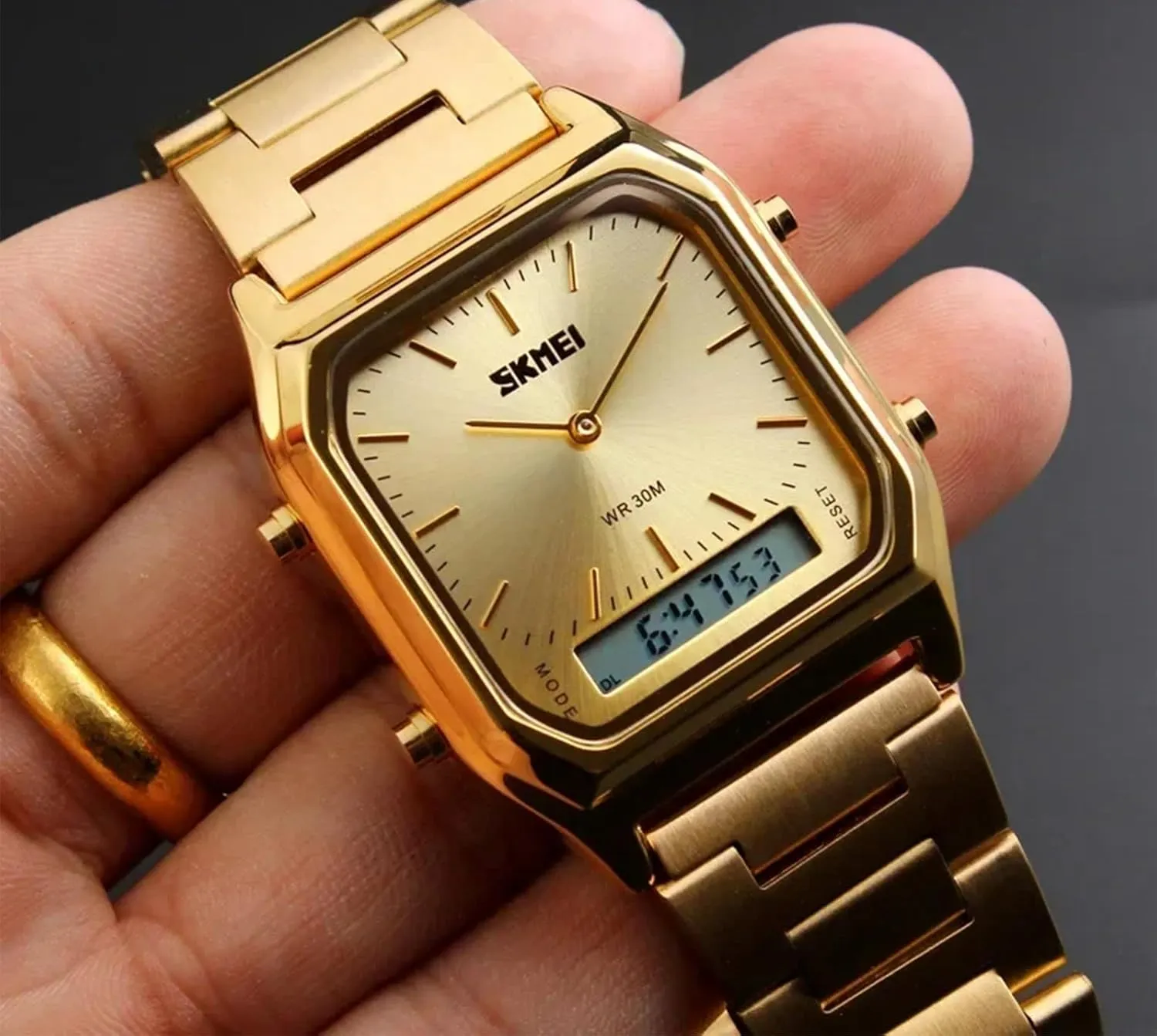 Multifunction Stopwatch Dual Display Wristwatches Stainless Steel Strap Analog Sports Watches Gosasa Women Men shrivel Square 