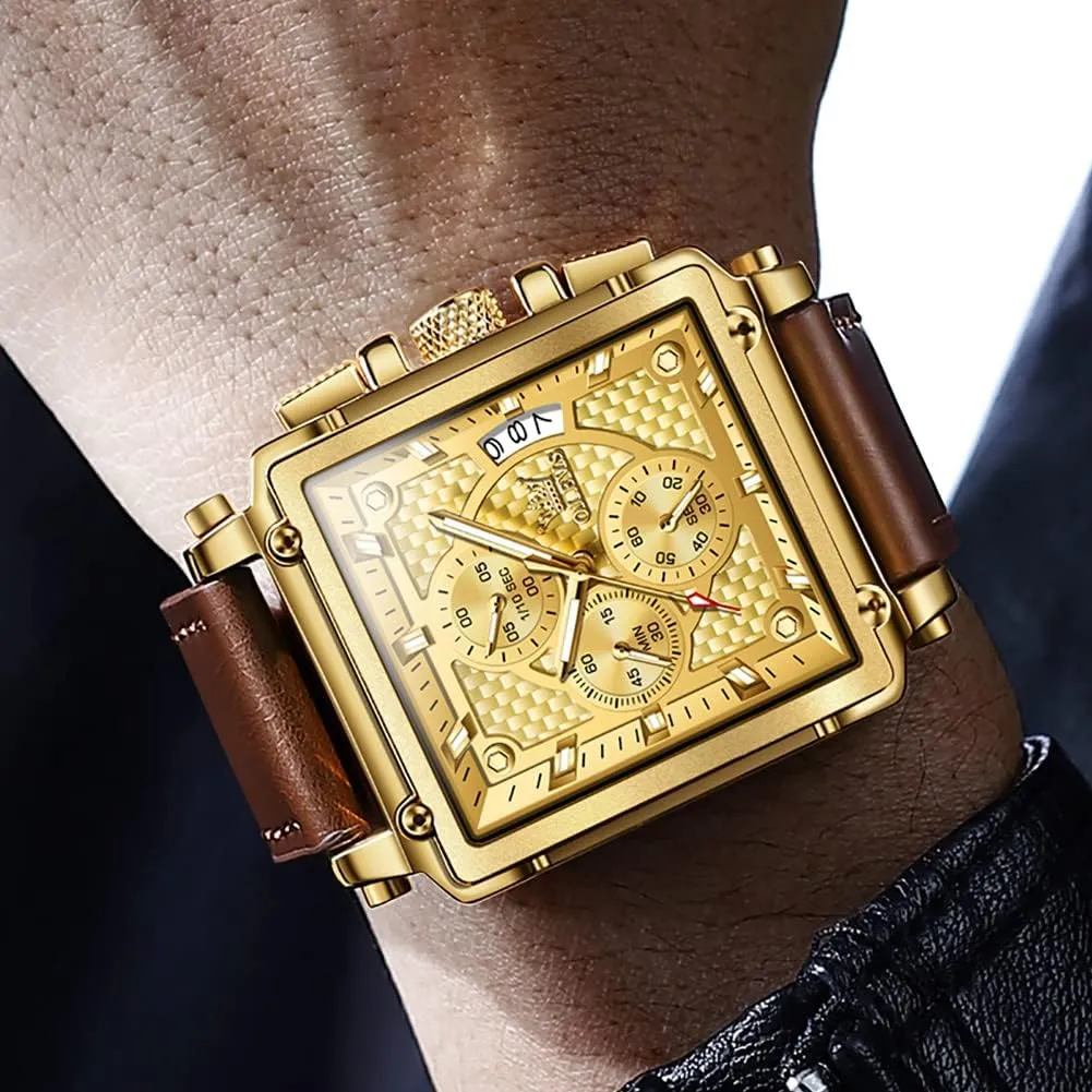 Multifunctional Chronograph Fashion Business Dress Analog Quartz Wrist Watches Luminous Waterproof secure shatter horsepower square OLEVS Square Watches for Men Leather 