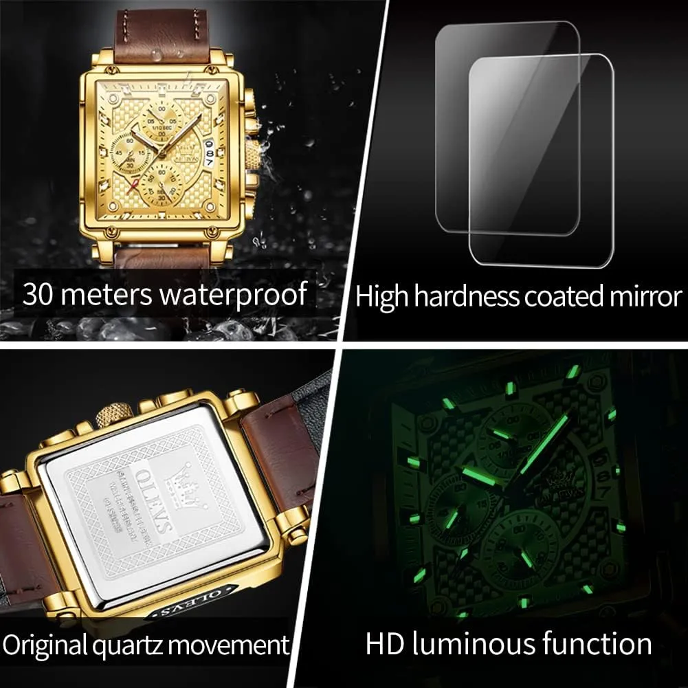 Multifunctional Chronograph Fashion Business Dress Analog Quartz Wrist Watches Luminous Waterproof secure shatter horsepower square OLEVS Square Watches for Men Leather 