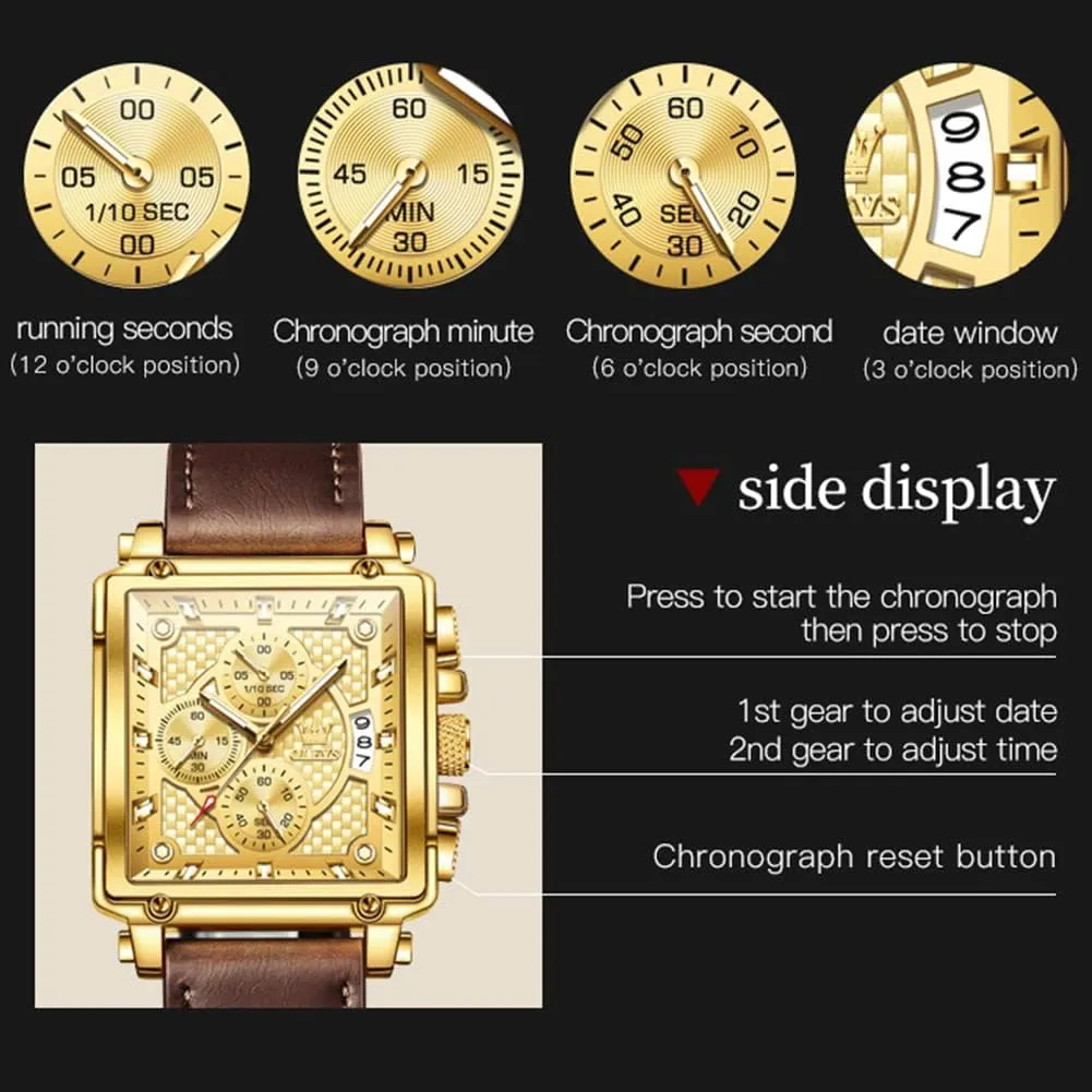 Multifunctional Chronograph Fashion Business Dress Analog Quartz Wrist Watches Luminous Waterproof secure shatter horsepower square OLEVS Square Watches for Men Leather 