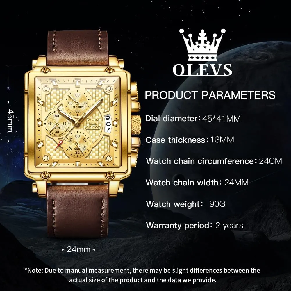 Multifunctional Chronograph Fashion Business Dress Analog Quartz Wrist Watches Luminous Waterproof secure shatter horsepower square OLEVS Square Watches for Men Leather 